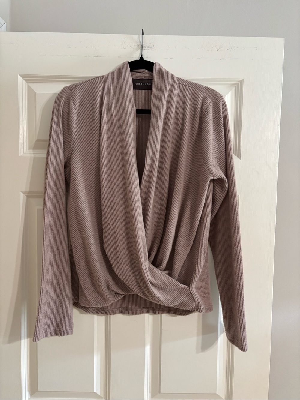 Draped Twist-Front Ribbed Cardigan in Mauve